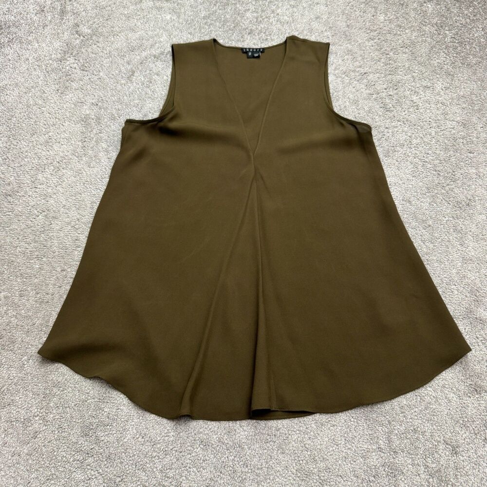 Theory Meighlan Blouse WomensSmall Green 100% Silk V-Neck Sleeveless Lightweight